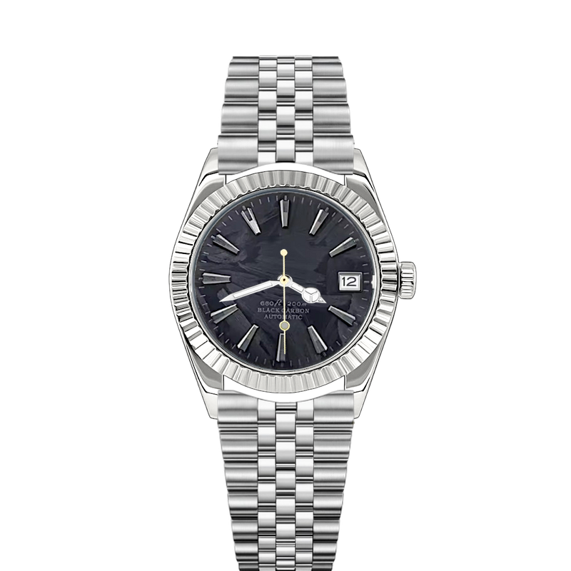 Montre mod SEIKOJUST cadran noir marbré, lunette cannelée, bracelet jubilee acier