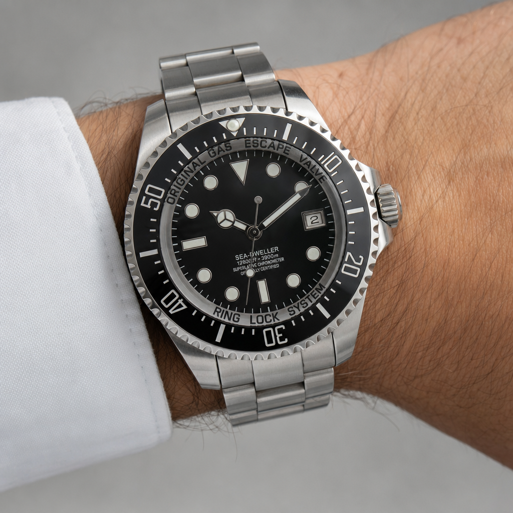 Montre mod Ghost King noire portée au poignet, boßtier et bracelet full black