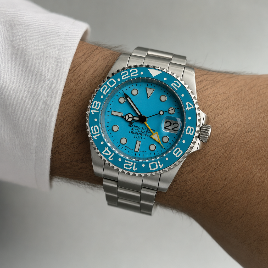 Montre Seiko mod SEIKO GMT blue portĂ©e au poignet â Time2Seiko