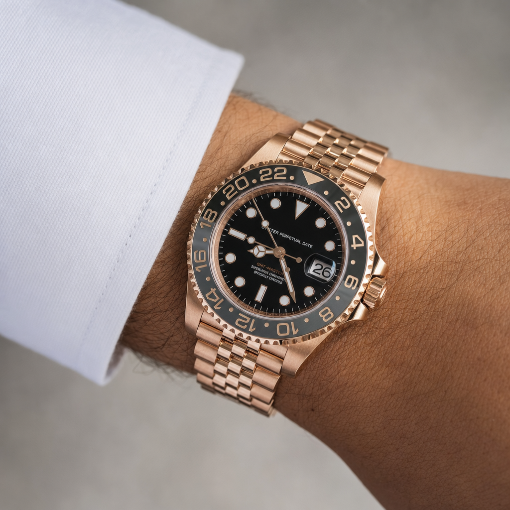 Montre Seiko mod SEIKO GMT or rose portĂ©e au poignet â Time2Seiko