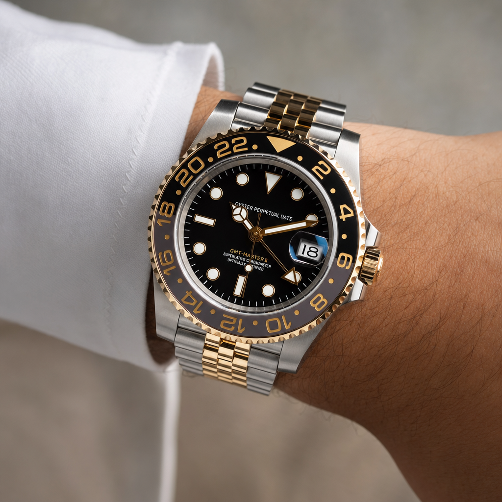 Montre Seiko mod SEIKO GMT two-tone noire portĂ©e au poignet â Time2Seiko