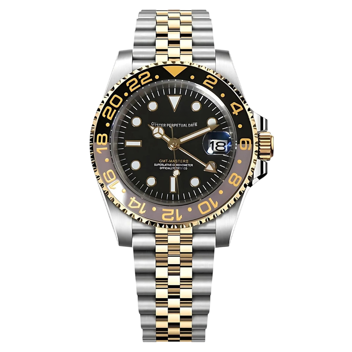 Montre Seiko mod SEIKO GMT two-tone noire, vue de face â Time2Seiko