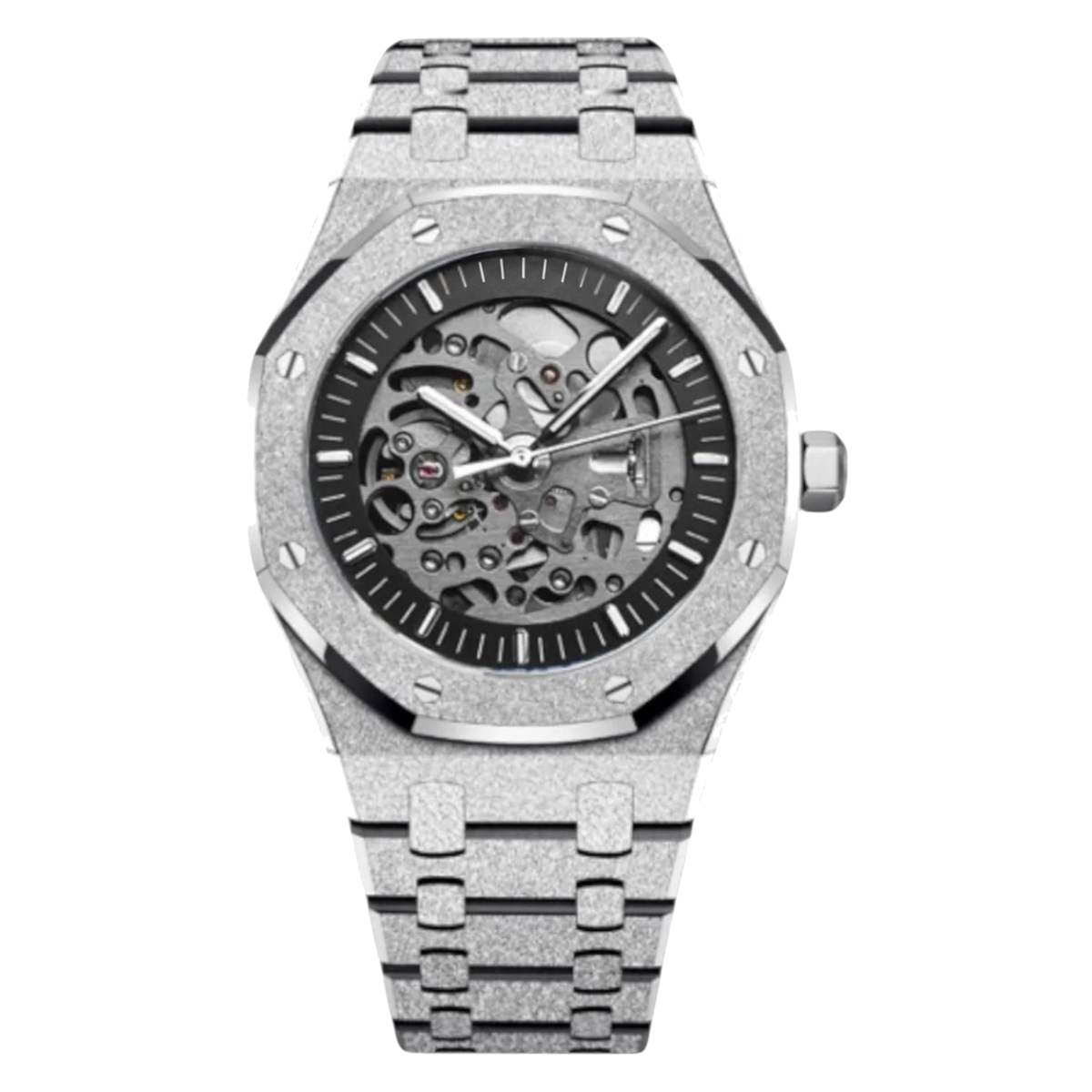 Montre Seiko mod SEIKOAK frosted squelette, sur fond blanc — Time2Seiko