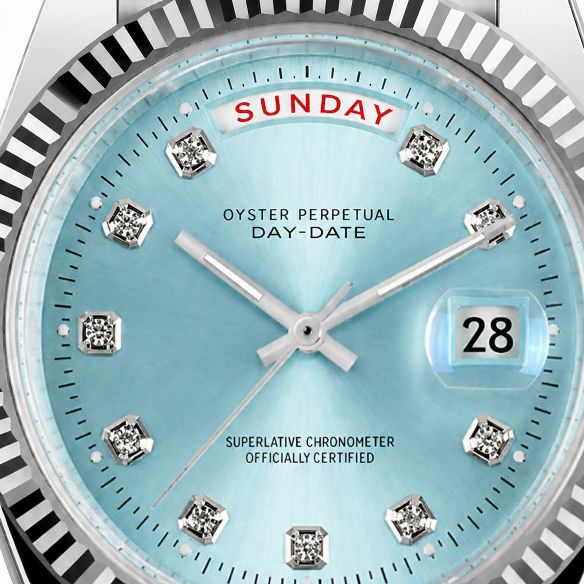 Montre Seiko mod SEIKODATE bleu glacier diamants, gros plan sur le cadran — Time2Seiko