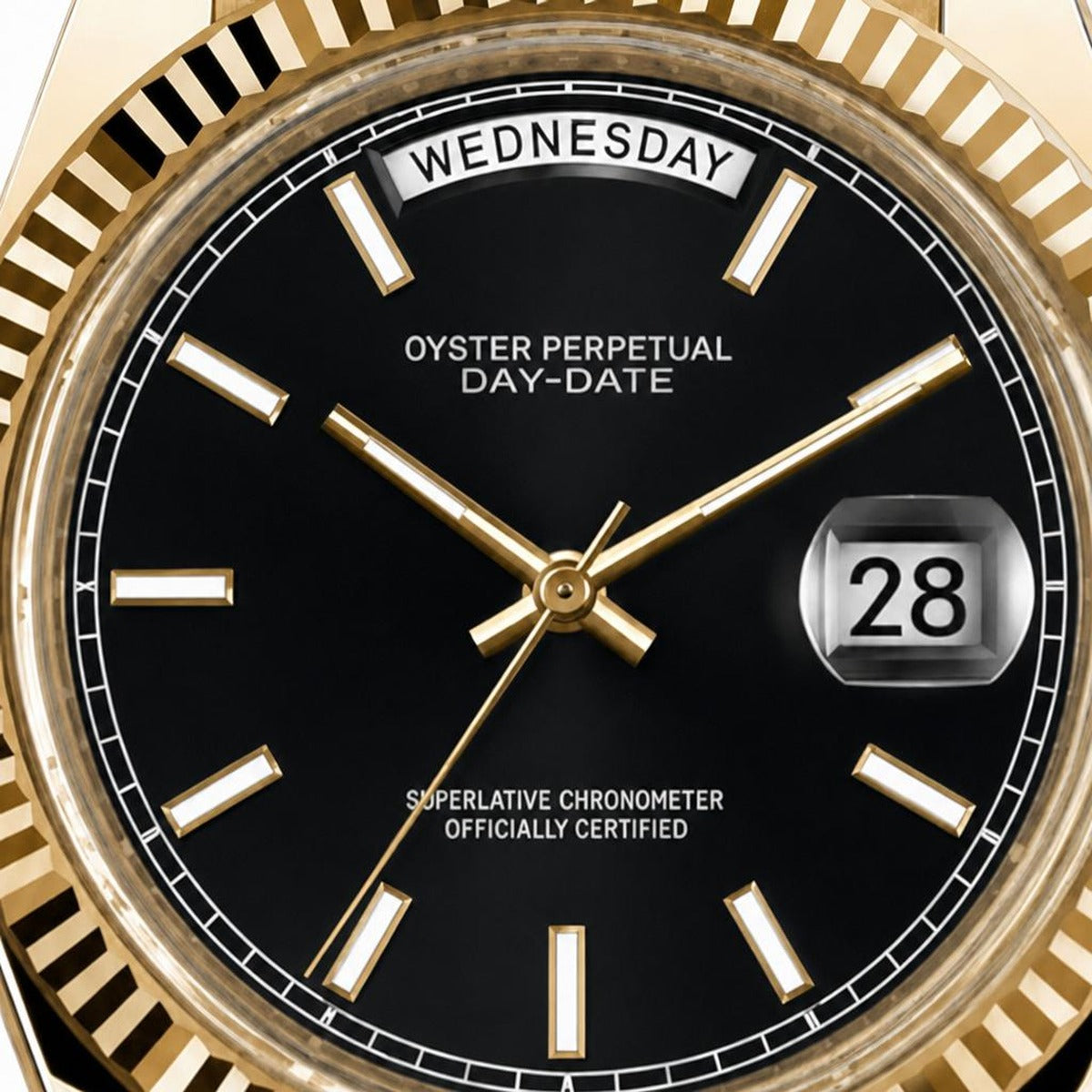 Montre Seiko mod SEIKODATE or noire, gros plan sur le cadran — Time2Seiko