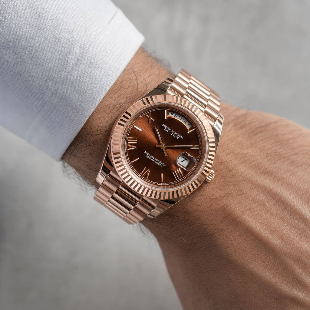 Montre Seiko mod SEIKODATE roman or rose chocolat portĂ©e au poignet â Time2Seiko