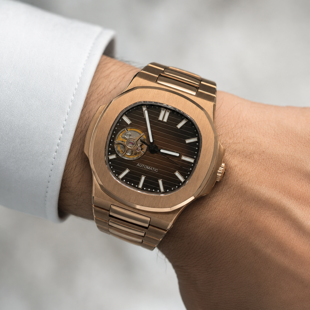 Montre Seiko mod SEIKOLUS cĆur ouvert brown portĂ©e au poignet â Time2Seiko