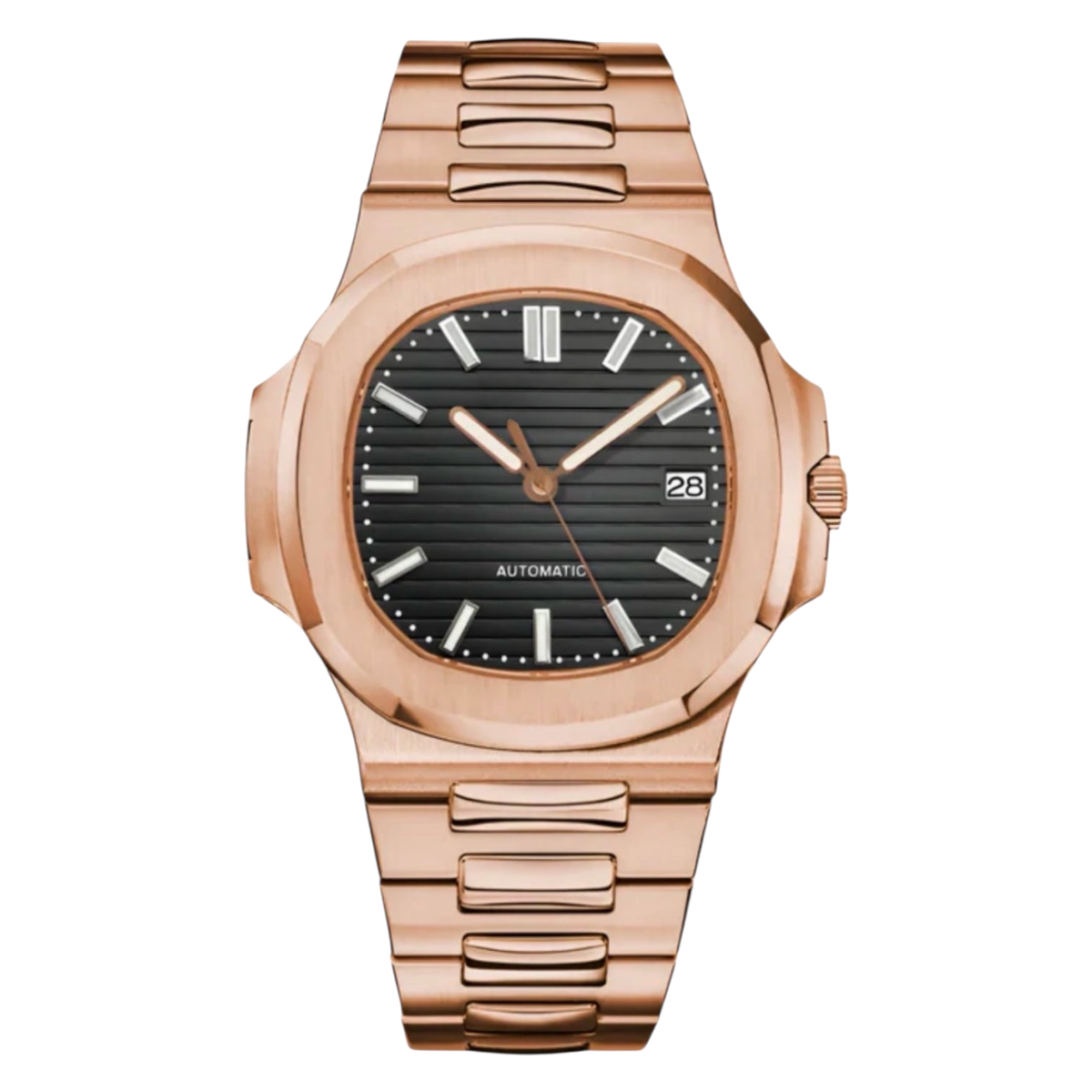 Montre Seiko mod SEIKOLUS or rose noire, sur fond blanc — Time2Seiko