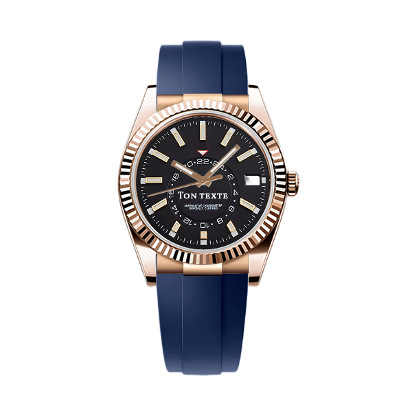 Montre mod SEIKODWELLER or rose cadran noir, lunette cannelée, bracelet caoutchouc bleu
