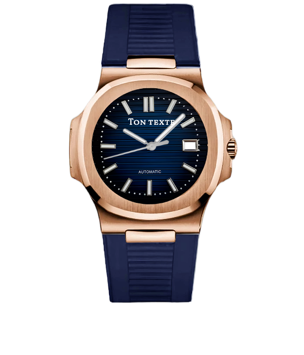 Montre mod SEIKOLUS boîtier or rose cadran bleu strié, bracelet caoutchouc bleu