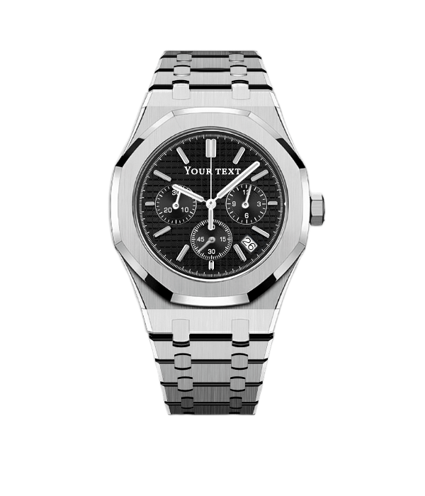 Montre mod SEIKOAK chronographe cadran noir tapisserie, bracelet acier intégré, personnalisable
