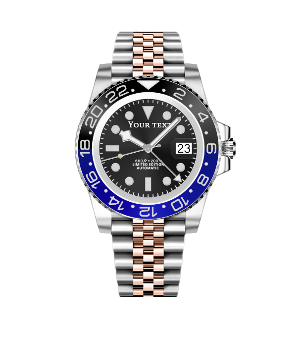 Montre mod SEIKOMARINER GMT lunette bleue et noire, bracelet jubilee acier or rose