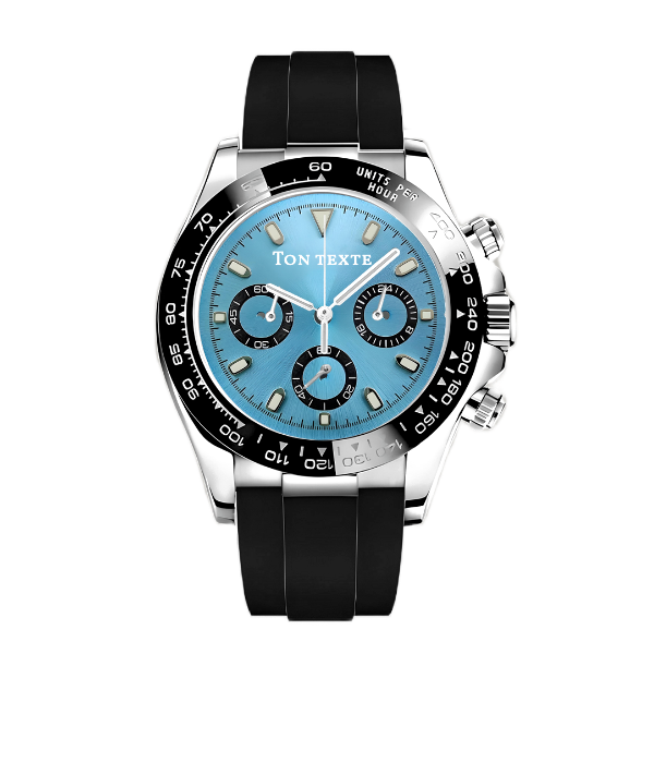 Montre mod SEIKONA chronographe cadran bleu ciel, bracelet caoutchouc noir, personnalisable
