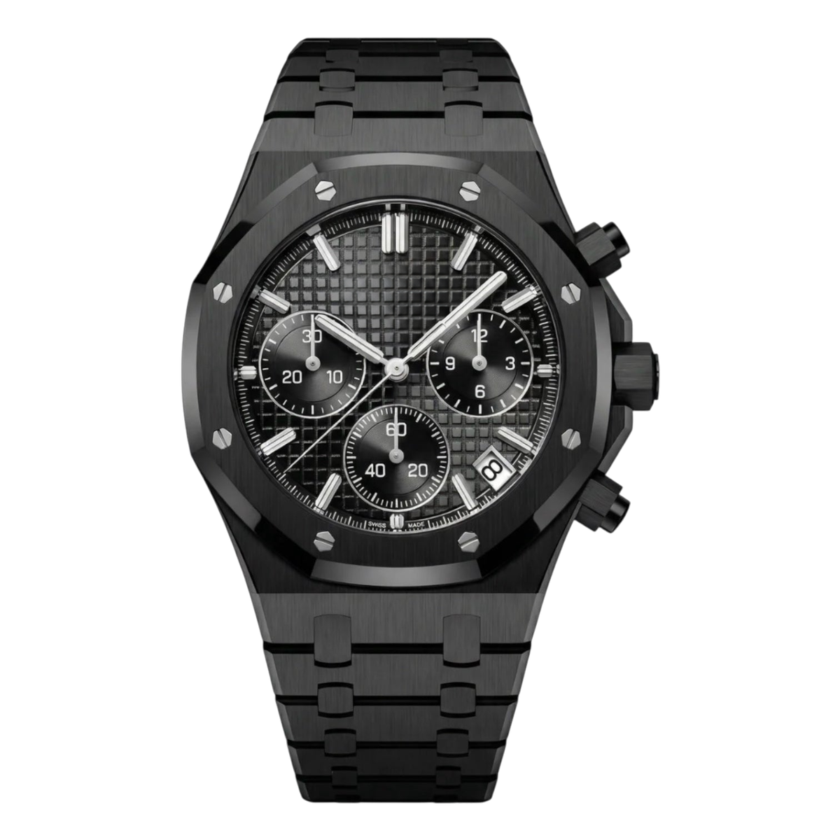 Montre Seiko mod SEIKOAK chrono black edition, sur fond blanc — Time2Seiko