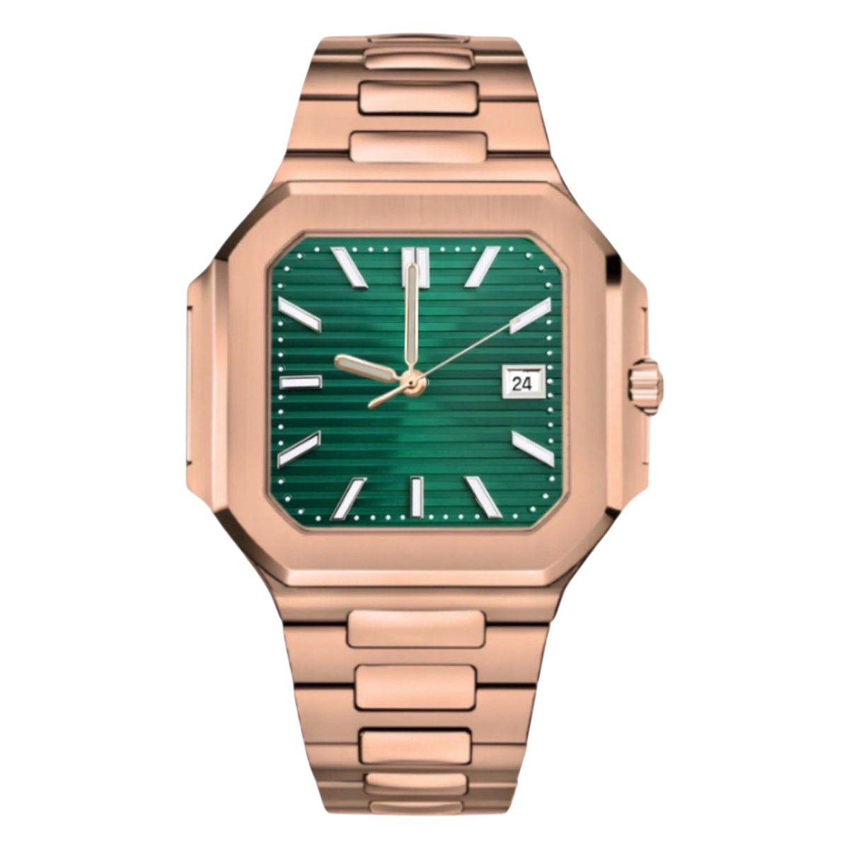 Montre Seiko mod SEIKOCUB or rose verte, sur fond blanc — Time2Seiko