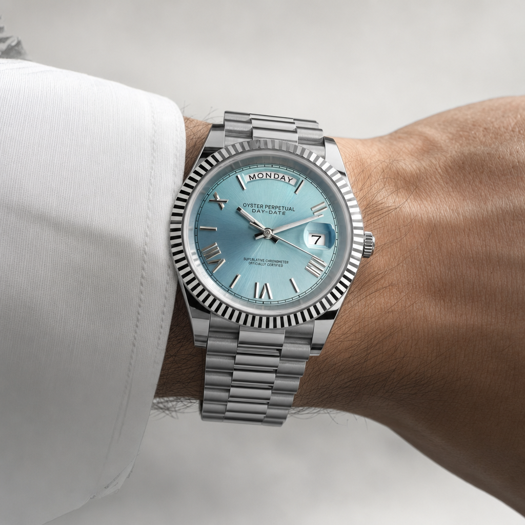 Montre Seiko mod SEIKODATE roman bleu glacier portée au poignet — Time2Seiko