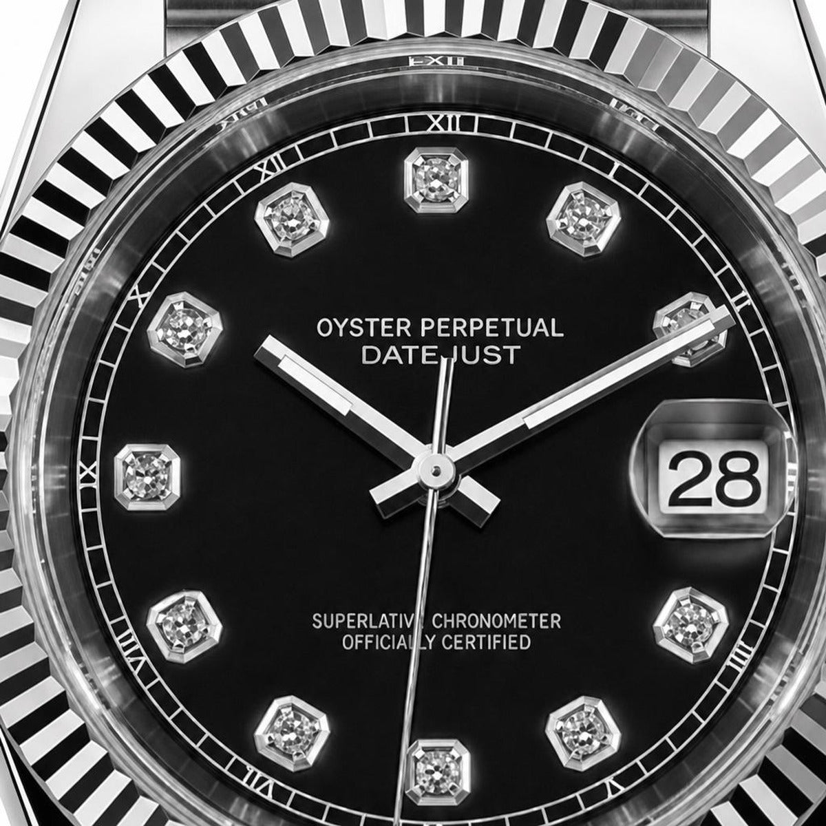 Montre Seiko mod SEIKOJUST black diamond, gros plan sur le cadran — Time2Seiko