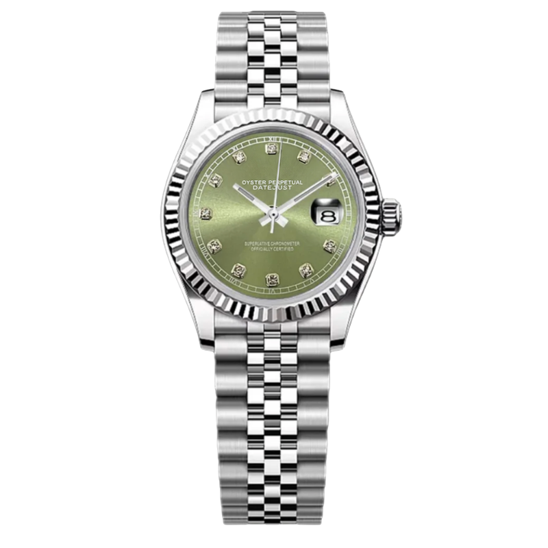 Montre Seiko mod SEIKOJUST femme olive diamants, sur fond blanc — Time2Seiko