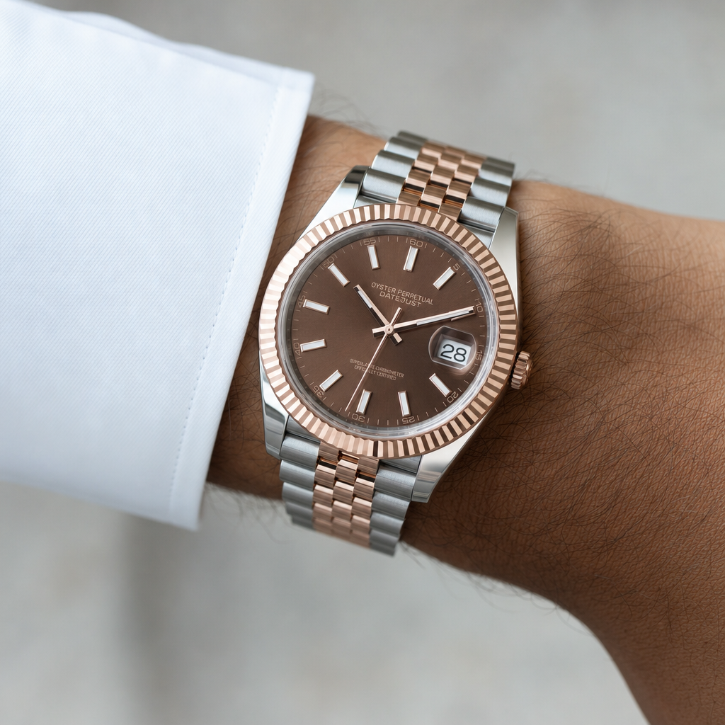 Montre Seiko mod SEIKOJUST or rose two-tone portée au poignet — Time2Seiko