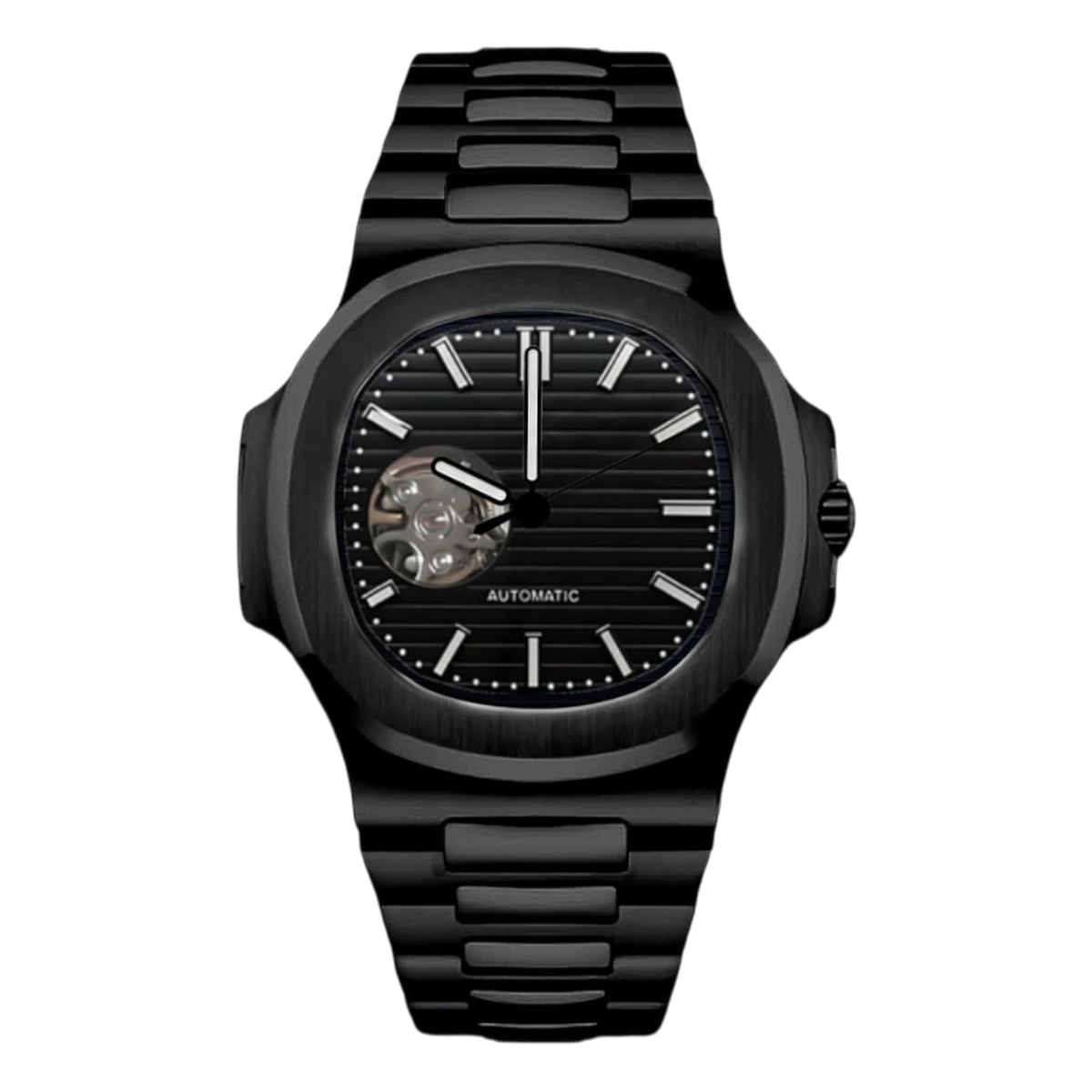 Montre Seiko mod SEIKOLUS black edition, sur fond blanc — Time2Seiko