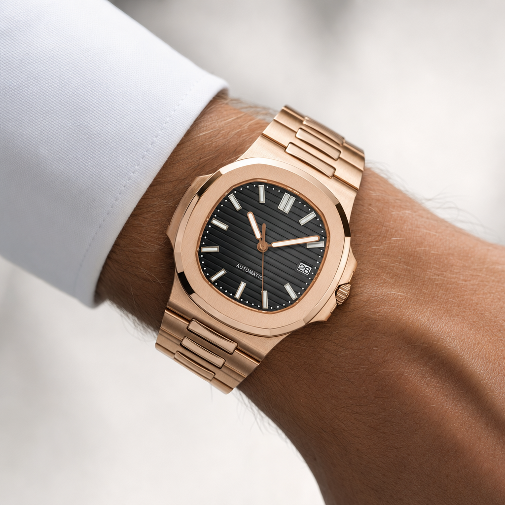 Montre Seiko mod SEIKOLUS or rose noire portée au poignet — Time2Seiko