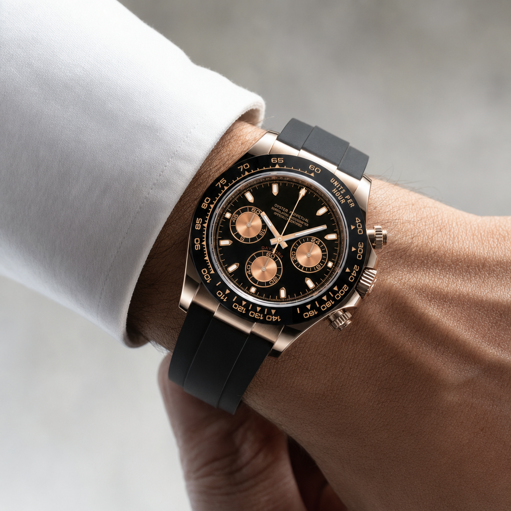 Montre Seiko mod SEIKONA or rose caoutchouc portée au poignet — Time2Seiko
