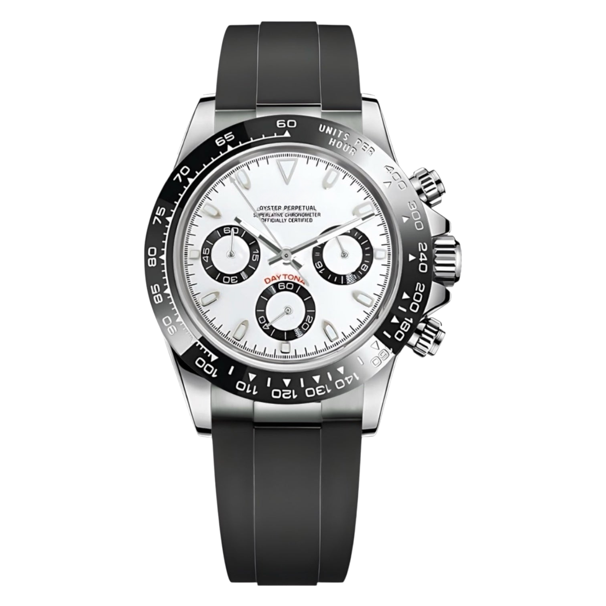 Montre Seiko mod SEIKONA panda caoutchouc, sur fond blanc — Time2Seiko
