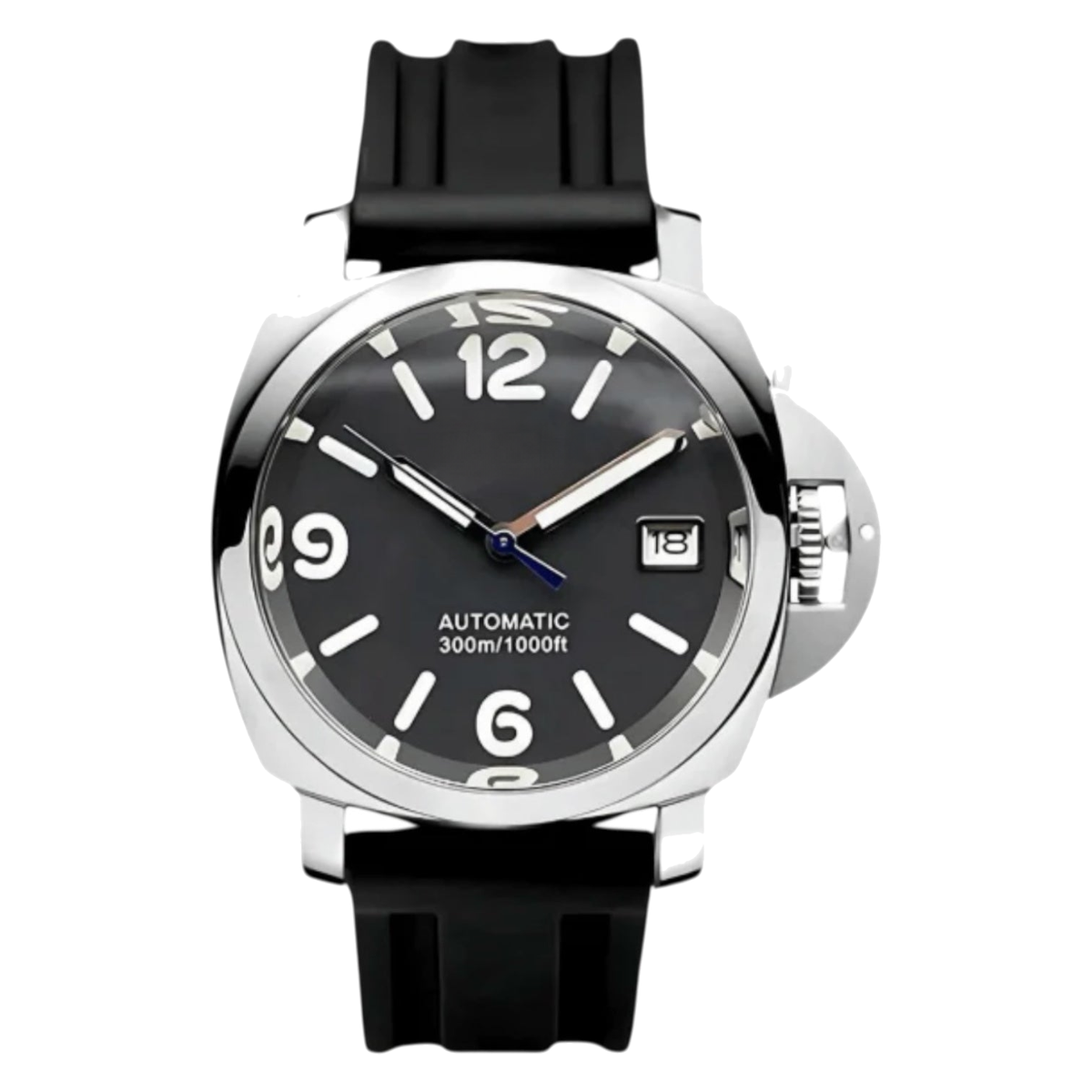 Montre Seiko mod SEIKOPANEI noire caoutchouc, sur fond blanc — Time2Seiko